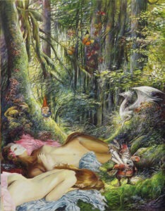 rusałki - Andrzej masianis - dwie nagie kobiety leżą pod drzewem, po prawej smok i krasnal, bujny las