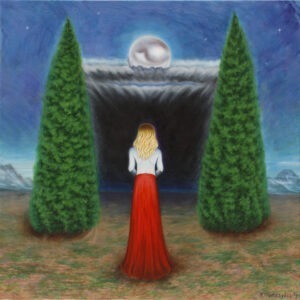 krajobraz z perłą - kamil Klamczyński - realizm magiczny, kobieta w czerwonej spódnicy stoi pomiędzy dwoma drzewami, nad nią na chmurach wisi perła, nocne niebo, w tle górski krajobraz