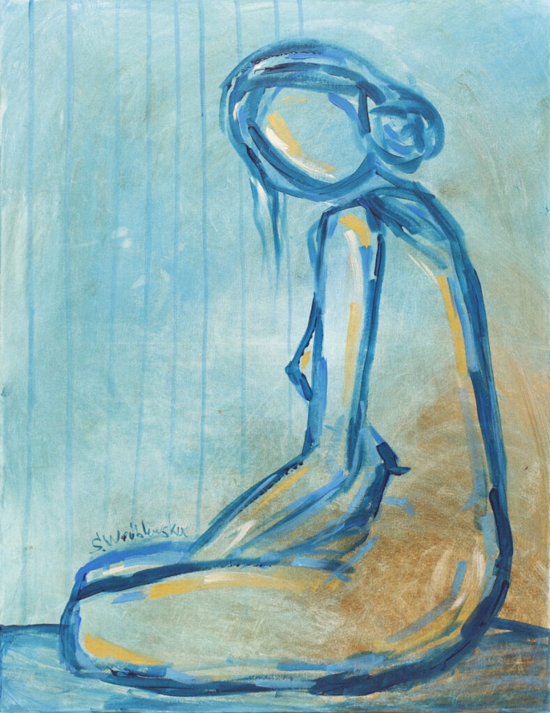bez tytułu z cyklu samotność - Sofia wróblewska - akt, siedząca kobieta, obrysowany kontur ciała, postać na błękitnym tle
