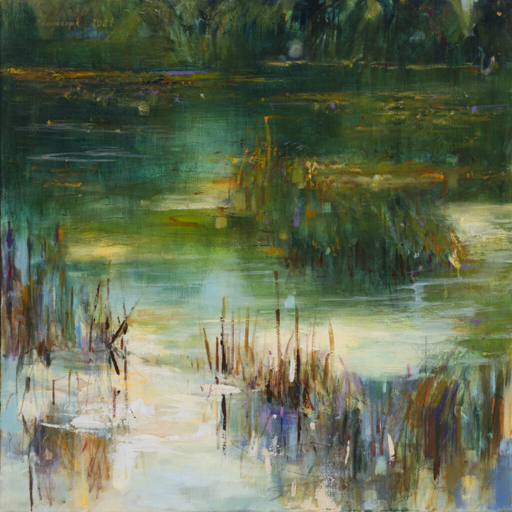Aleksandra Adamczak - pejzaż w zieleni z widokiem na jezioro