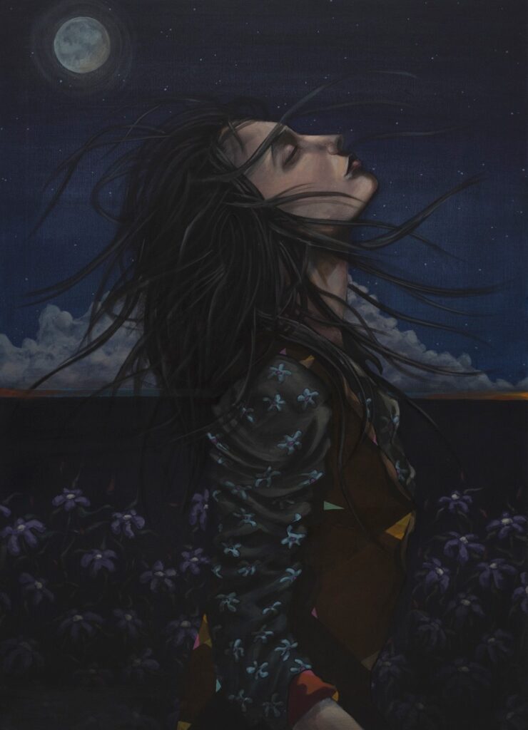 Jonasz Koperkiewicz, Kissing the night sky, 2017 - kobieta na tle nocnego nieba