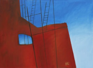 wieża babel: przestrzeń 1 - Małgorzata bundzewicz - abstrakcja, czerwony, błękitny, drabiny