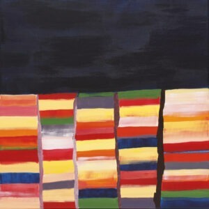 Pacyfik - Natalia kozarzewska - abstrakcja, obraz do połowy czarny, do połowy w różnokolorowe paski.