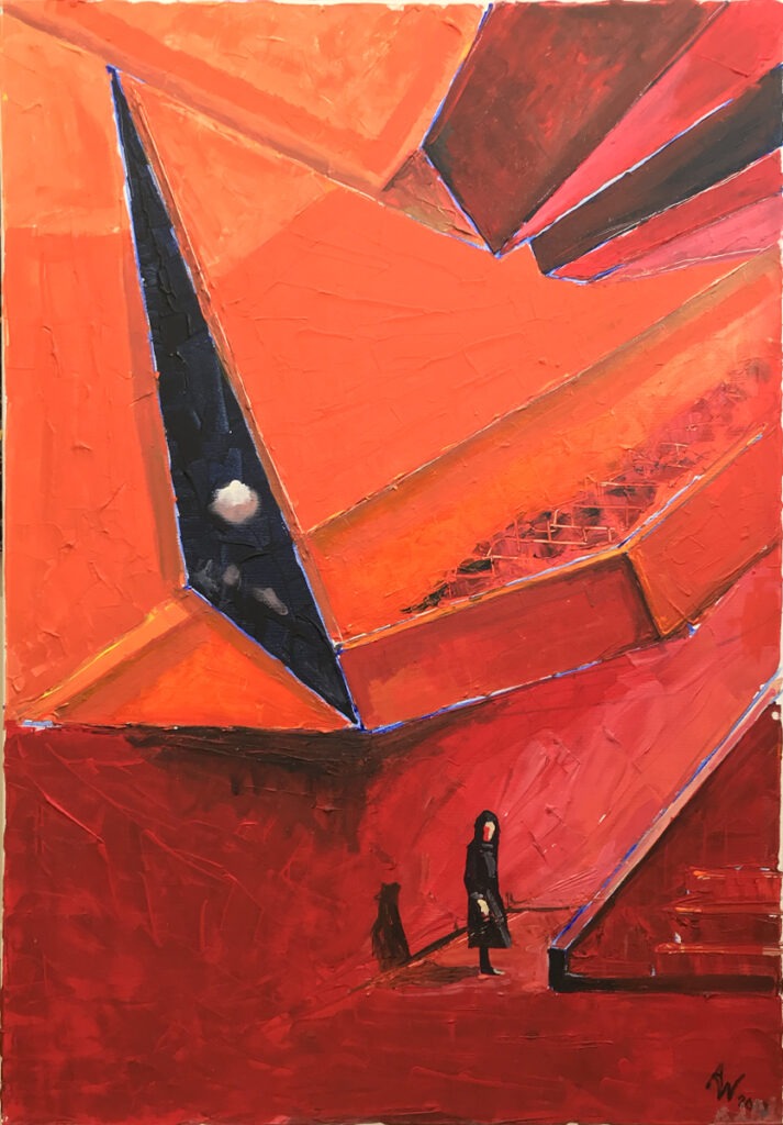 przestrzeń publiczna - Agnieszka słońska-więcek - postać ludzka, schody, abstrakcja, architektura, czerwień, czerwony, pomarańczowy