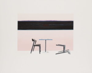 enough - Milena kliszko - minimalistyczny obraz, dwa krzesła frontem do siebie i pomiędzy nimi stolik. jedno z krzeseł przewrócone na plecy