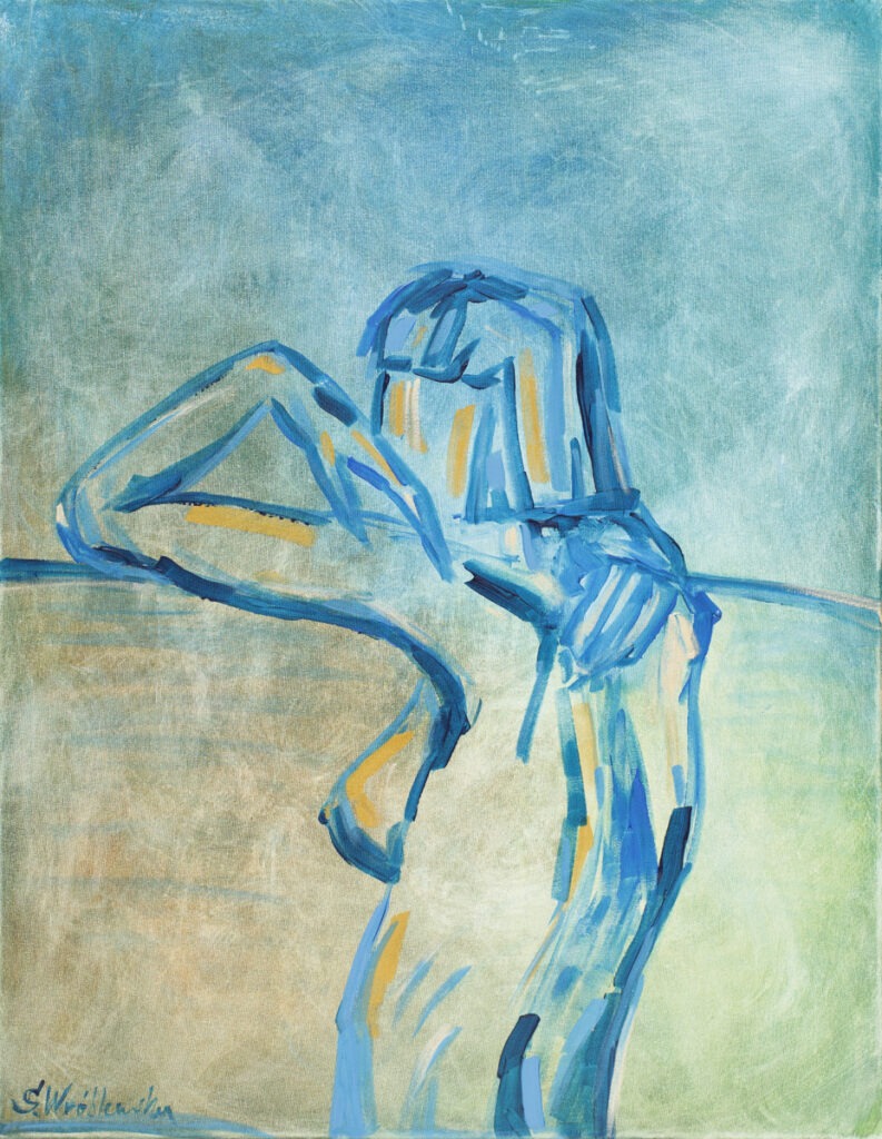 bez tytułu z cyklu samotność - Sofia wróblewska - akt, błękit, kontury postaci zaznaczone niebieską linią