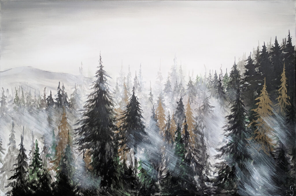zza mgły - Sylwia Jóźwiak - pejzaż, korony drzew iglastych spowite mgłą, w tle krajobraz górski