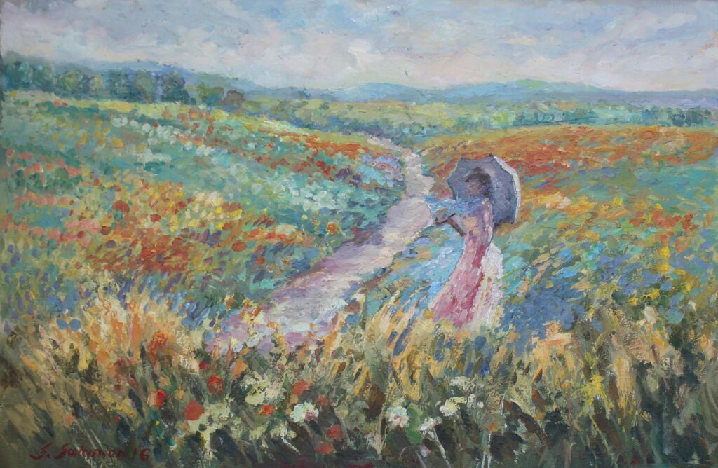 spacer pod koniec lata - sabina salamon - pejzaż, łąka, rzeka, kobieta w sukience z parasolką