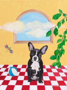 pies, piłka i ważka - Emilia Formella - pies, podłoga w szachownicę biało-czerwoną