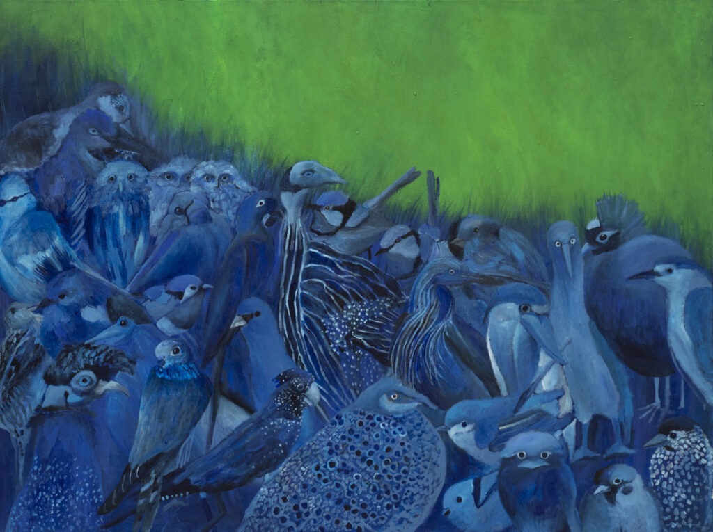 Iza Jaśniewska - pejzaż z ptakami (2021) - niebiesko-zielony obraz z ptakami