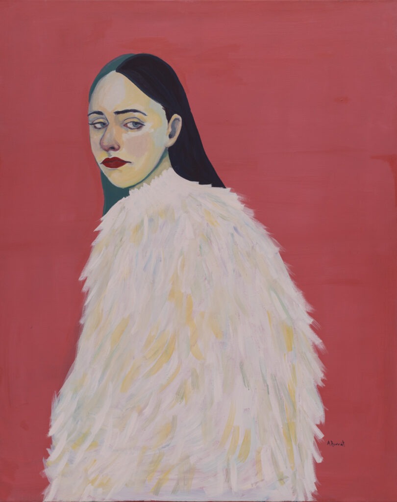 Agata Burnat - Futro, 2021 - portret kobiety w futrze na różowym tle