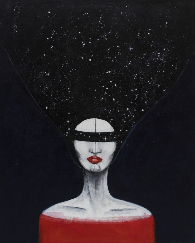 Agata Wereszczyńska - Lady Kosmos, 2018 - portret kobietyz zasłoniętymi oczami na czarnym tle