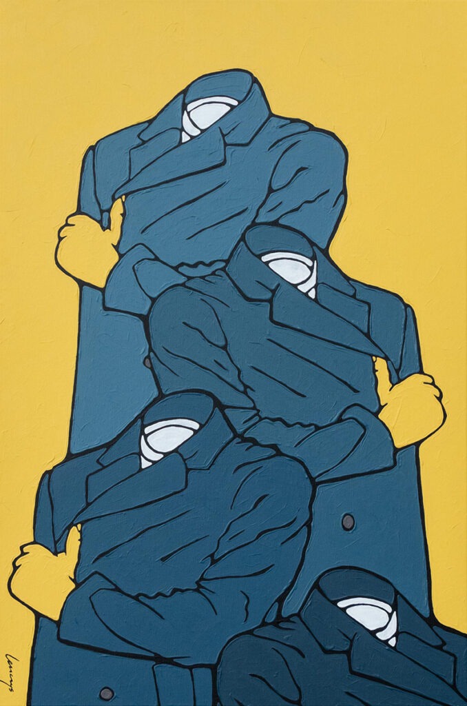 Marcin Lenczowski - Niebieski nr 61 (Babilon), 2021 - obraz z męskimi postaciami na żółtym tle
