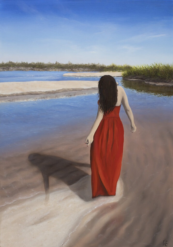 Ewelina Wasilewska - Patrząc w swoje odbicie, 2021 - kobieta w czerwonej sukni na plaży realistyczny obraz