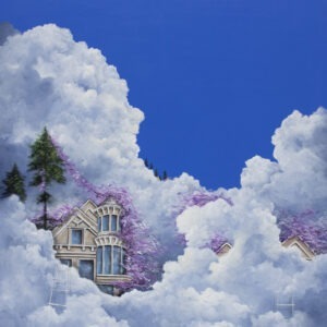 Beata Mura - 10 aleja nad nami, 2021 - bajkowy obraz z domami w chmurach na niebie