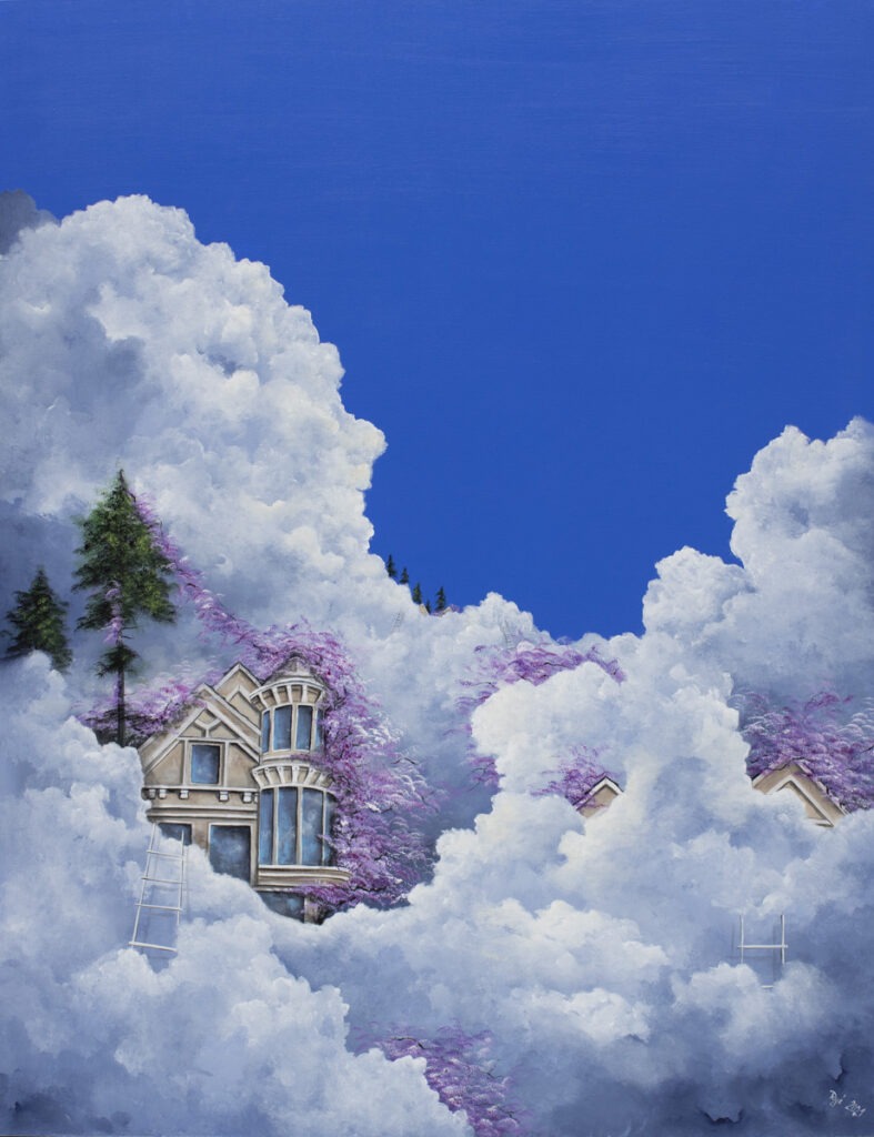 Beata Mura - 10 aleja nad nami, 2021 - bajkowy obraz z domami w chmurach na niebie