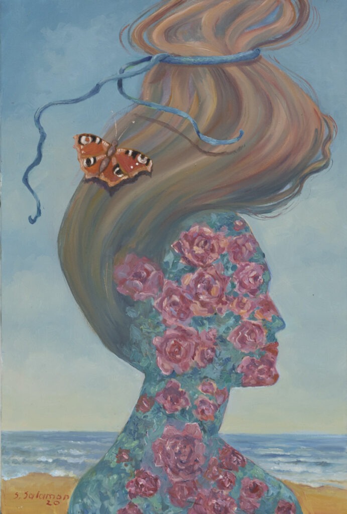 Sabina Salamon - Pejzaż z motylem, 2020 - dekoracyjny portret z kwiatami i motylem