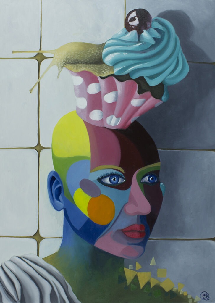 Edyta Mądzelewska - Pomieszane światy II, 2021 - surrealistczny kolorowy portret