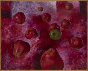Maria Albin - Pokusa, 2005 - obraz olejny z czerwonymi jabłkami