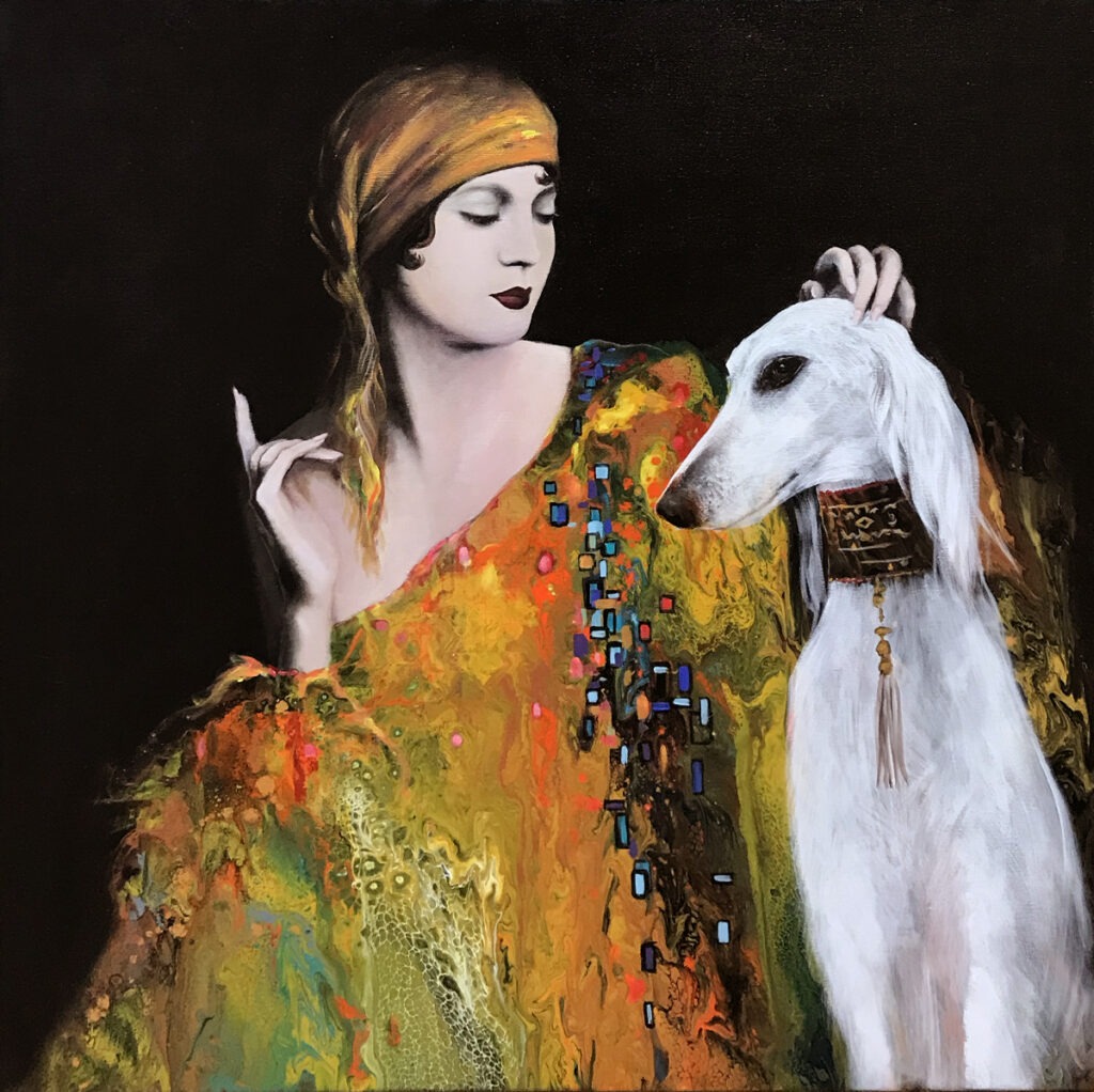 Patrycja Kruszyńska-Mikulska - Zaklinaczka, 2021 - portret eleganckiej kobiety z psem