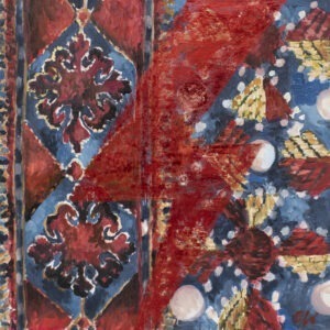 Olga Wolniak - Haft afgański, 2021 - obraz z kolorowym dywanem i czerwoną błyskawicą