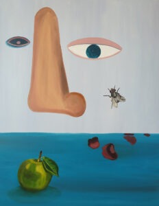 Marta Uszakow - Prawda czy fałsz?, 2020 - surrealistyczny obraz z nosem, okiem i muchą