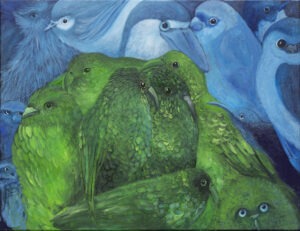 Izabela Jaśniewska, Ptaki, 2021 - obraz zielonymi i niebieskimi ptakami