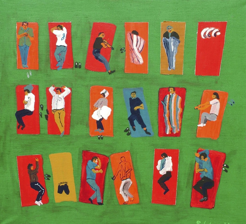 po wybuchu - Patryk lutomski - figuratywne malarstwo zielony, czerwony, ludzie