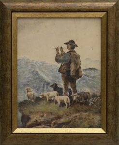 Ignacy Bieniek - Góral, 1934 - sylwetka pasterza z owcami w górach