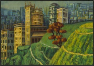 Krzysztof Krzywiński - Miejsce 40, 2013 - zielony obraz z architekturą miasta