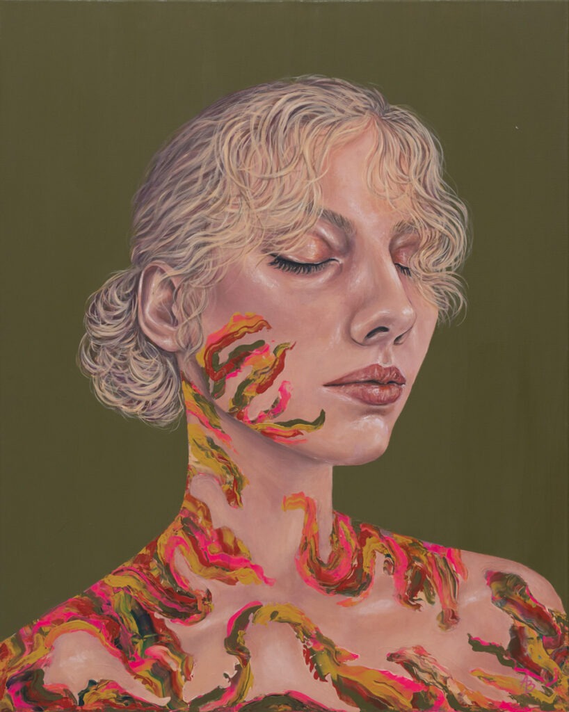 Aneta Biel - Pod moją skórą IV, 2021 - dekoracyjny portret kobiety na zielonym tle