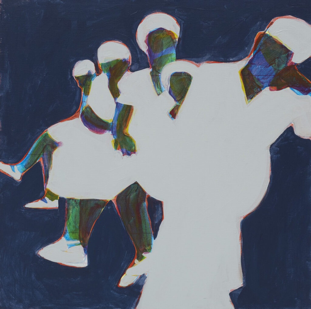 Iwona Kobryń Bez tytułu, 2021 - obraz z białymi postaciami na granatowym tle