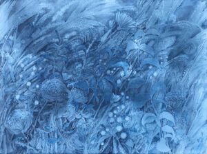 Maria Niekrasowa - Sny wiatrów, 2020 - obraz z niebieskimi kwiatami na łące