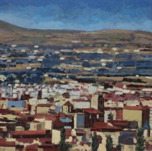 Gabriela Paluch - Miasto na podgórzu, 2021 - pejzaż z miastem i błękitnym niebiem
