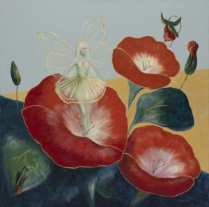 Elżbieta Ponińska - Baśniowy sen, 2021 - bajkowy obraz z kwiatami i kobiecą postacią