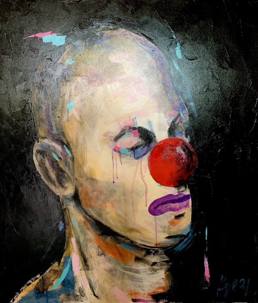 Maciej Hoppe - It’s fine, 2021 - portret mężczyzny z nosem klauna