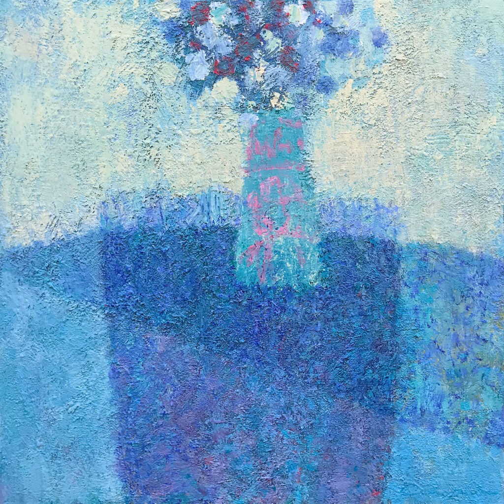 Artem Smorodin - Astry z serii 100 i 1 martwa natura, 2021 - błękitny obraz z bukietem kwiatów w wazonie