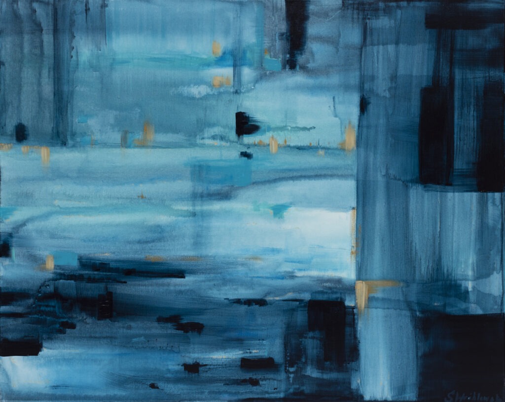 Sofia Wróblewska - Burza, 2021 - abstrakcja w odcieniach błękitu ze złotem