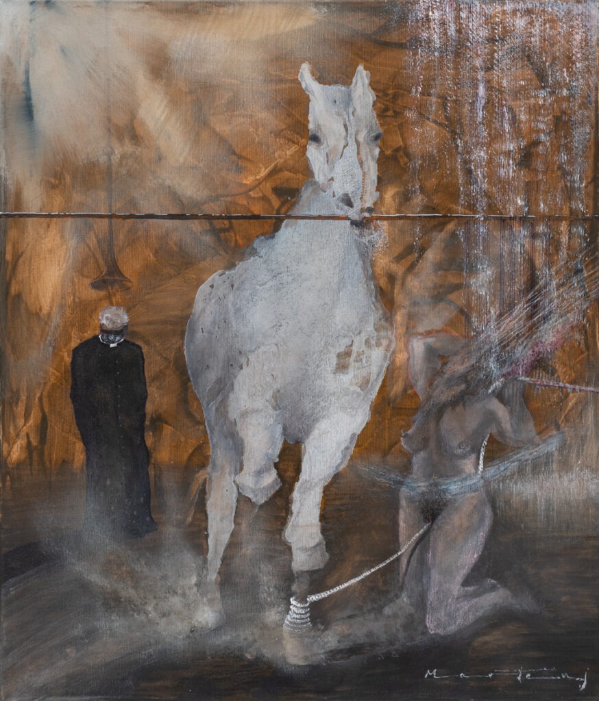 Bartłomiej Martens - Odkupienie, 2017 - obraz z postacią konia, kobiety i księdza