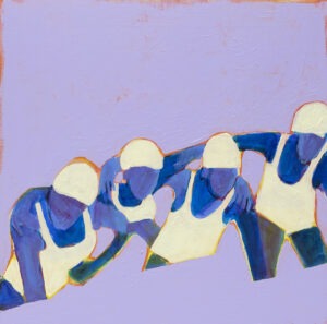 Iwona Kobryń - Bez tytułu z cyklu Ostatni dzień lata, 2021 - fioletowy obraz z białymi postaciami