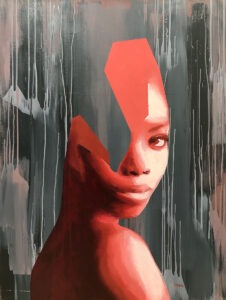 Michał Rejner - MR69-S1, 2018 - fragmentaryczny, czerwony portret kobiety na ciemnym tle