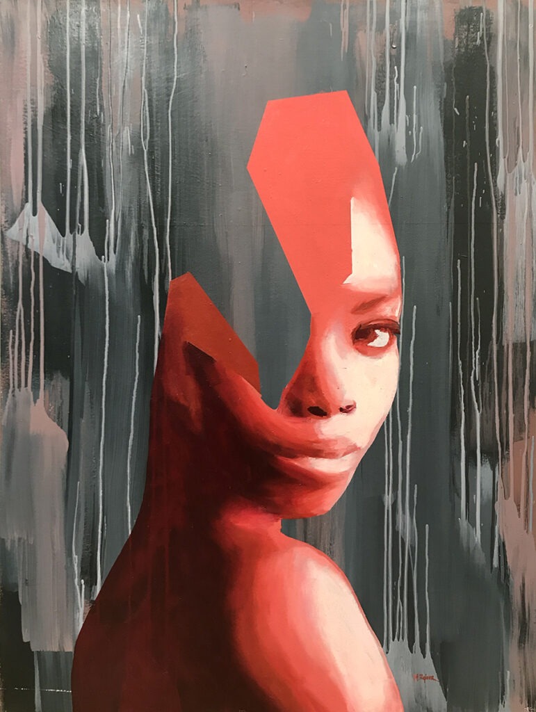 Michał Rejner - MR69-S1, 2018 - fragmentaryczny, czerwony portret kobiety na ciemnym tle