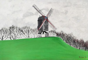 Pervin Ece Yakacik - In Brugge, 2021 - biało-zielony pejzaż z wiatrakiem