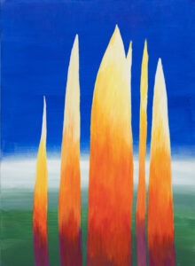Alina Bloch	Kompozycja z pionami, 2021 - abstrakcja z odcieniami pomarańczu, zieleni, błękitu