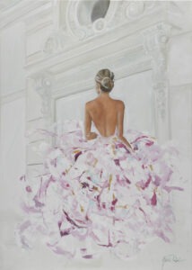 Julia Reiter - Dotyk róży, 2021 - obraz z kobietą w dekoracyjnej różowej sukni