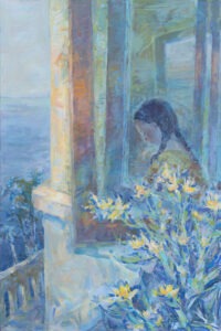 Maria Niekrasowa, dziewczyna, obraz, balkon, pejzaż, błękit