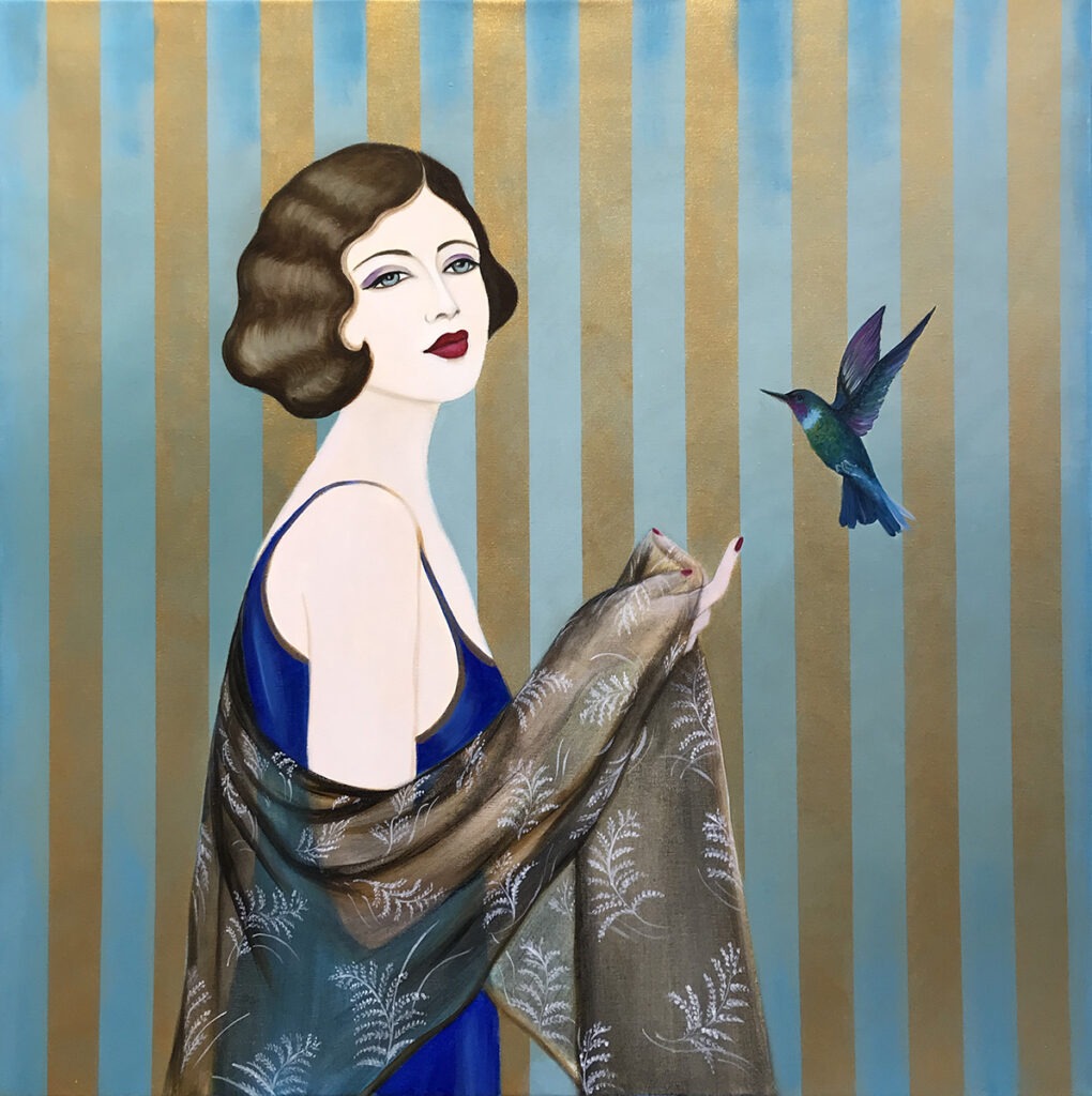 Patrycja Kruszyńska-Mikulska - Małe szczęścia, 2021 - dekoracyjny portret kobiety z kolibrem