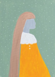 Sylwia Jóźwiak - Zimowy urok, 2021 - sylwetka kobiety w pomarańczowym płaszczu