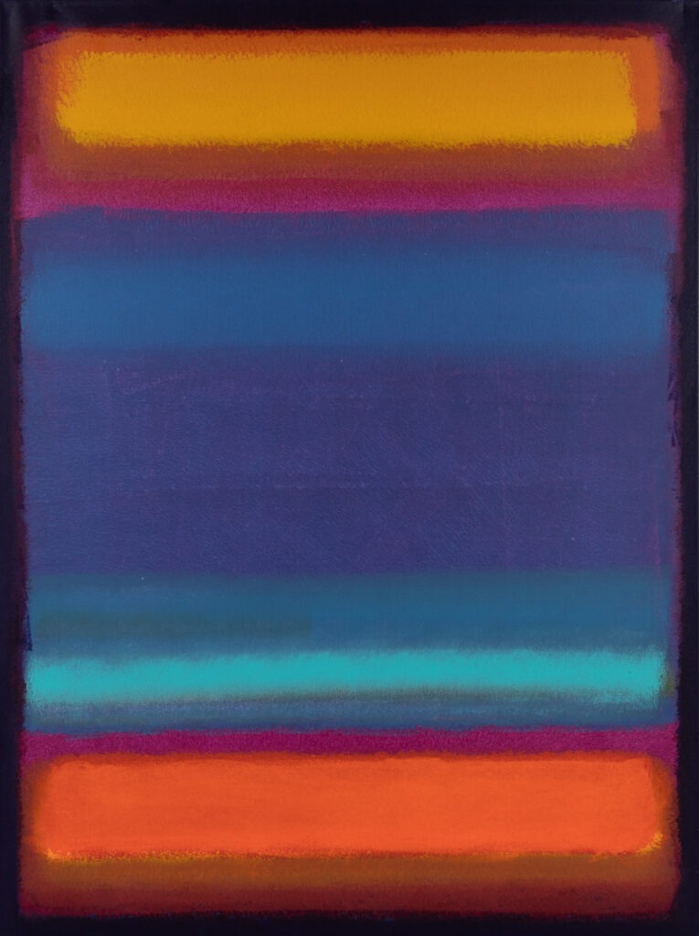 Jonasz Koperkiewicz - Vessel for emptiness, 2021 - abstrakcja z odcieniami błękitu, pomarańczu i czerwieni