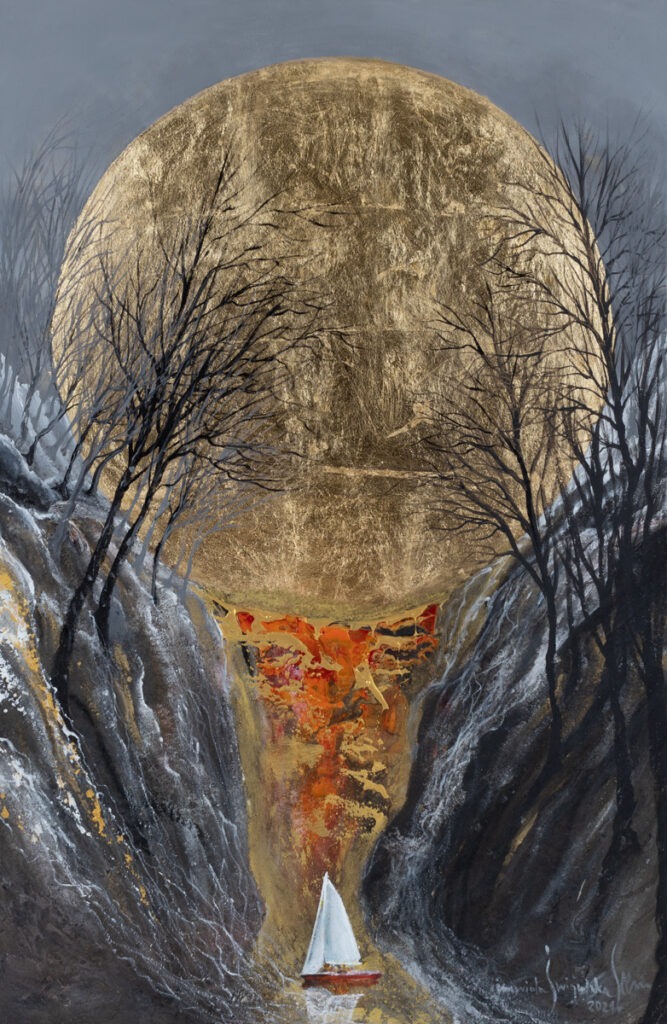 Mariola Świgulska - Żeglując w blasku złotego wodospadu, 2021 - dekoraycjny obraz ze złotem
